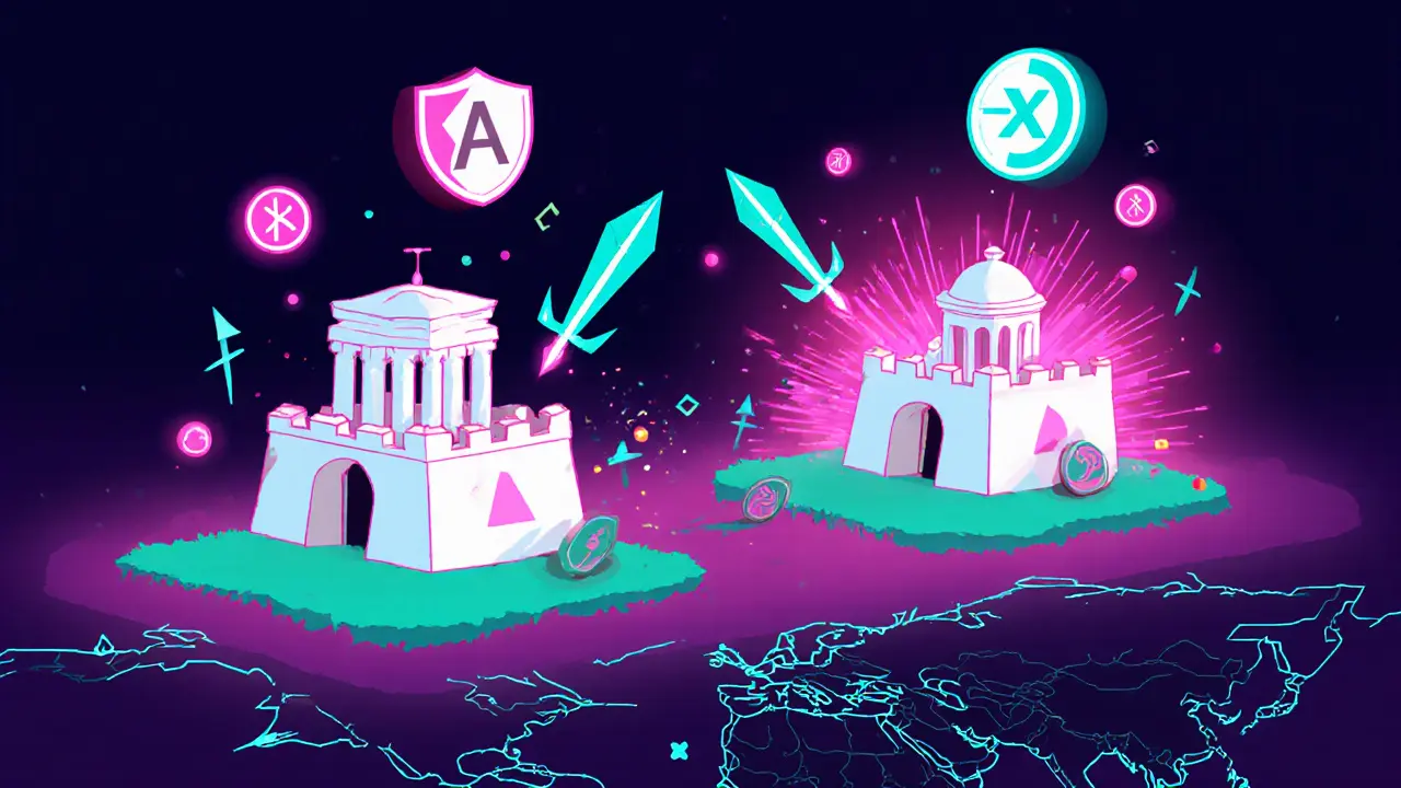 Bataille entre deux cités numériques sur Arbitrum, avec des jetons de vote et des points d&#039;expérience en couleurs vives.