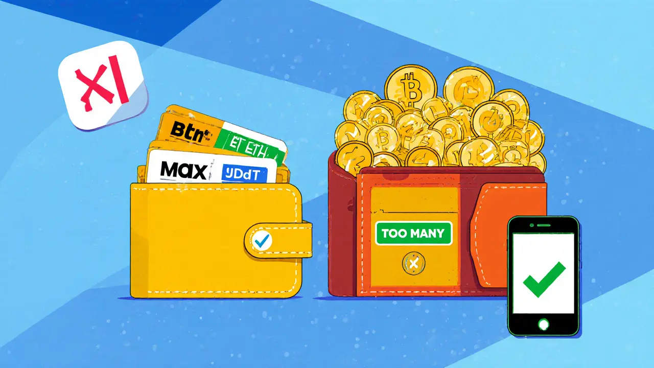 Comparaison visuelle entre MAX Exchange simple et un portefeuille surchargé de cryptos non vérifiées.