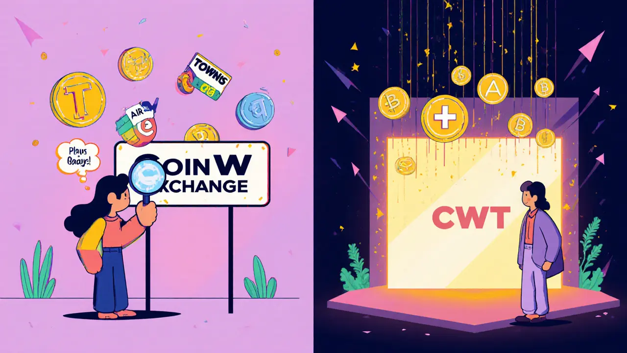 Deux personnages stylisés : l&#039;un face à des airdrops, l&#039;autre sous un flux de jetons CWT via Plus Wallet.