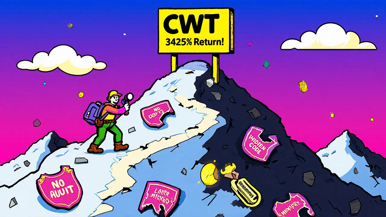 Explorateur gravissant une montagne CWT menacée par des dangers sans audit ni transparence.