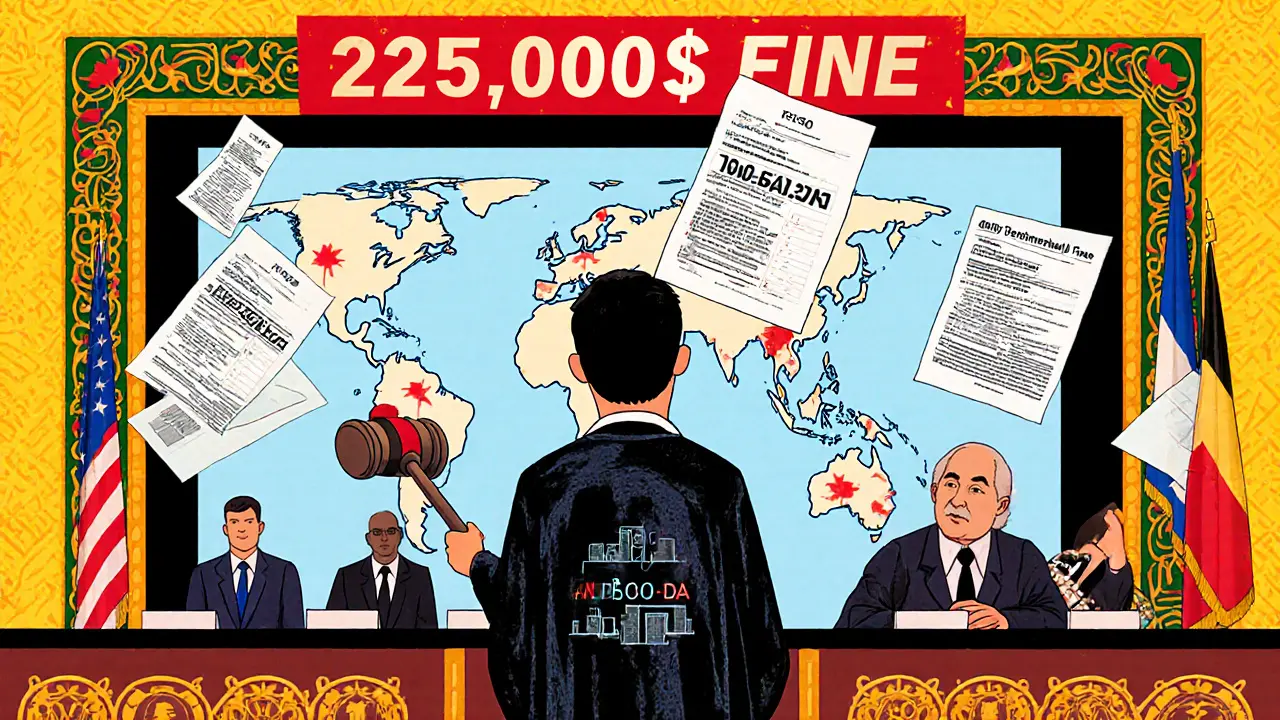 Procès pour fraude fiscale crypto avec un juge en robe blockchain et des formulaires 1099-DA en vol.