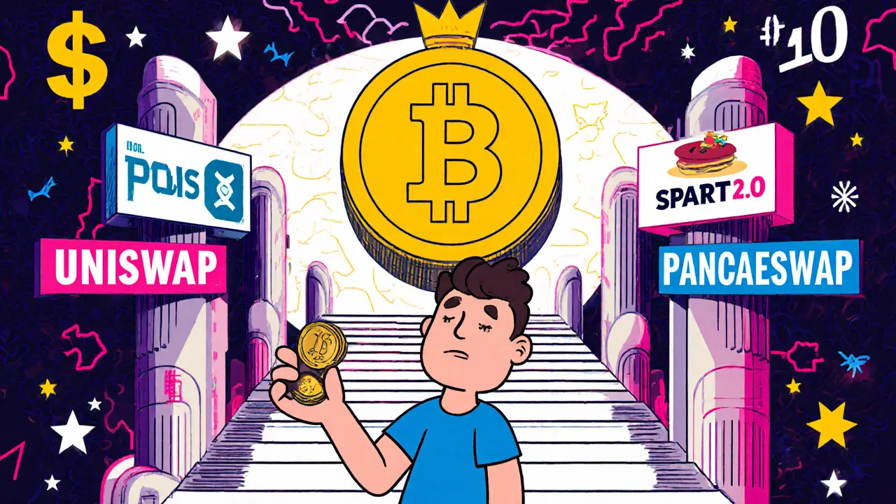 Un débutant avec un petit NFT Polis face à des géants DeFi, guidé vers un trône de récompenses par un jeton SPARTA souriant.