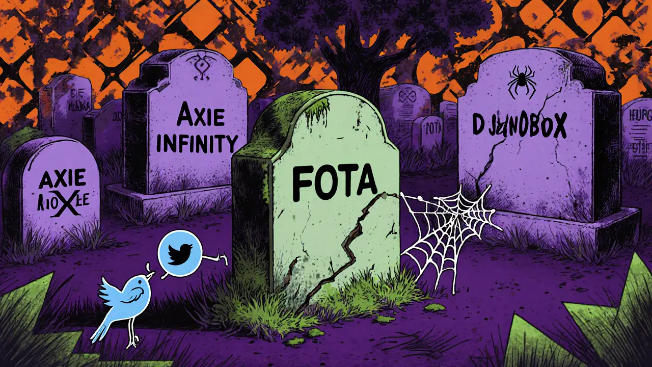 Cimetière de projets crypto avec une tombe effondrée pour FOTA, style Memphis design.