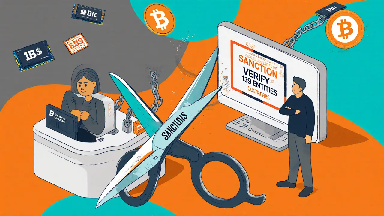 Ciseaux coupant des chaînes de sanctions, avec des cartes graphiques bloquées et une banque en détresse.