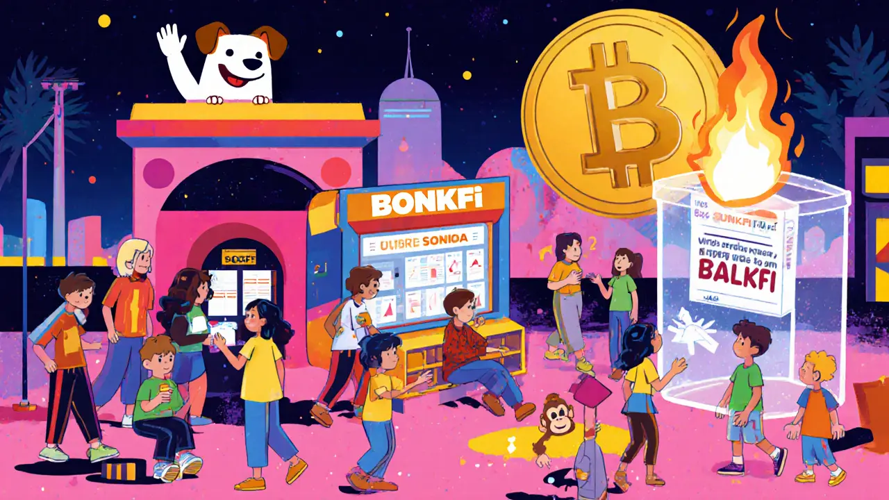 Communauté utilisant BONK pour des NFT, du staking et du voting dans un parc futuriste au style Memphis.