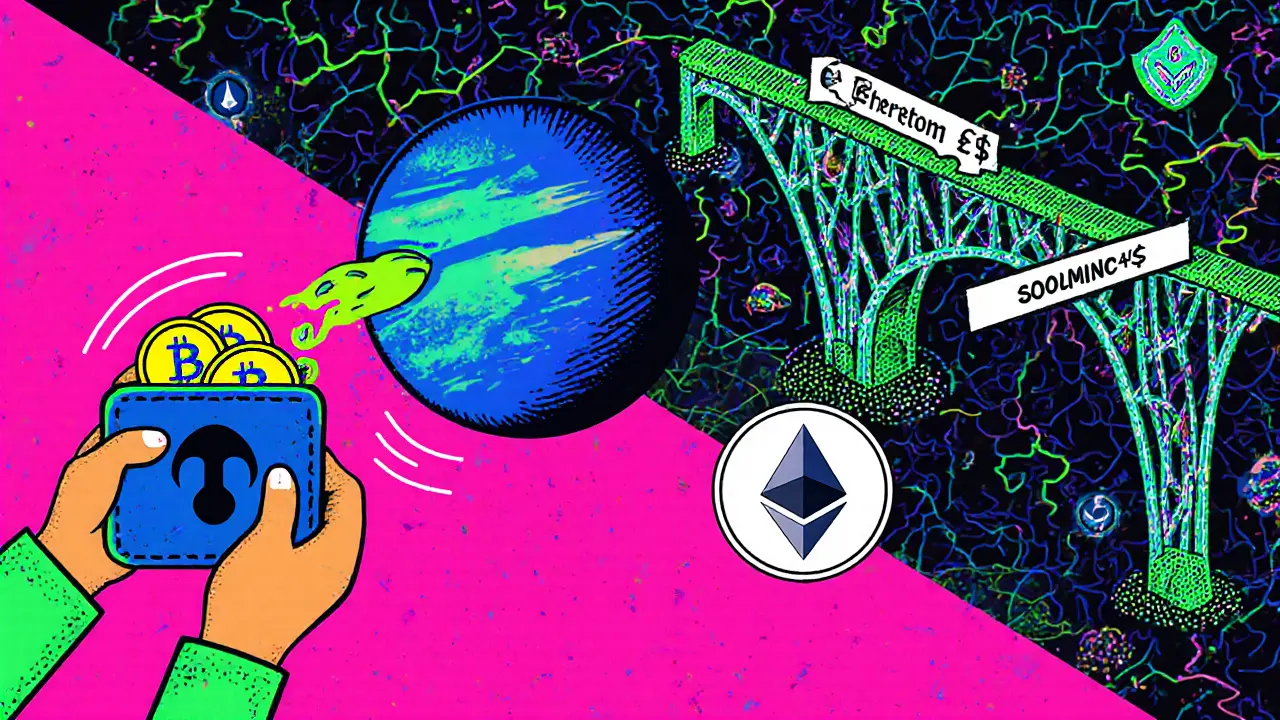 Comparaison visuelle entre Solana rapide et Ethereum lent, en style Memphis avec des symboles de frais et de ponts.