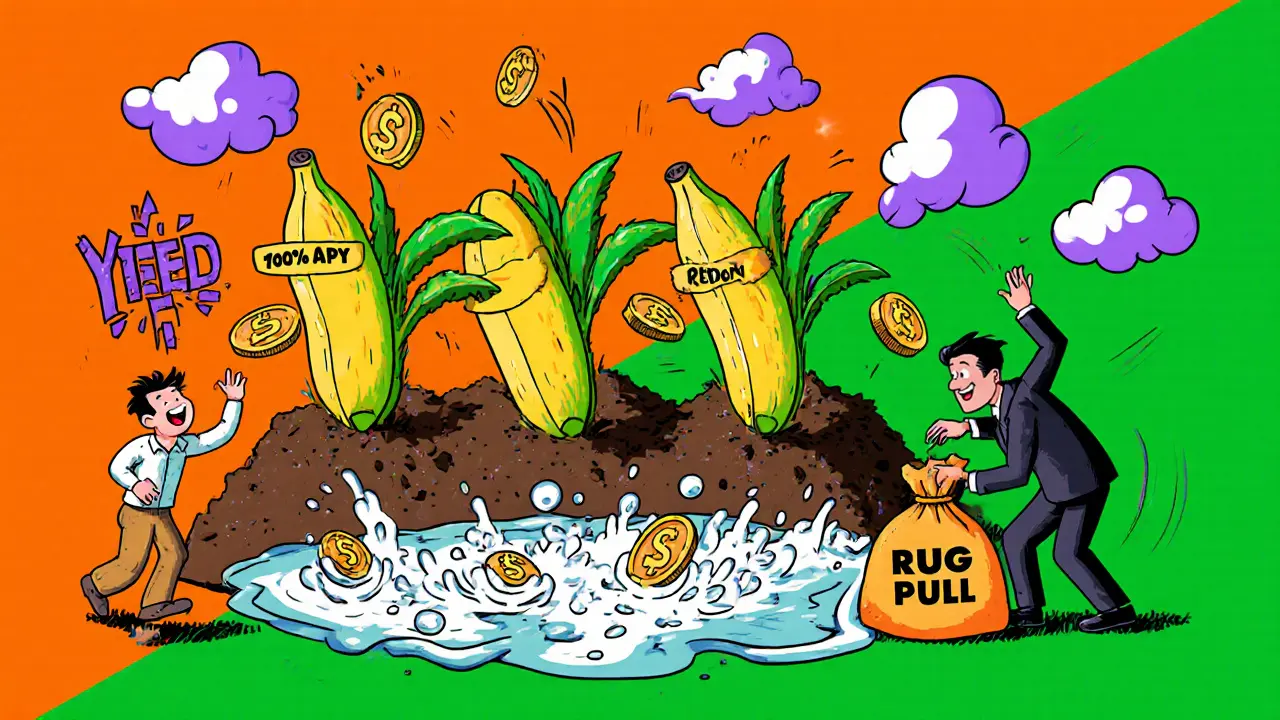 Ferme de rendement avec des bananes géantes et un voleur en costume fuyant avec un sac.