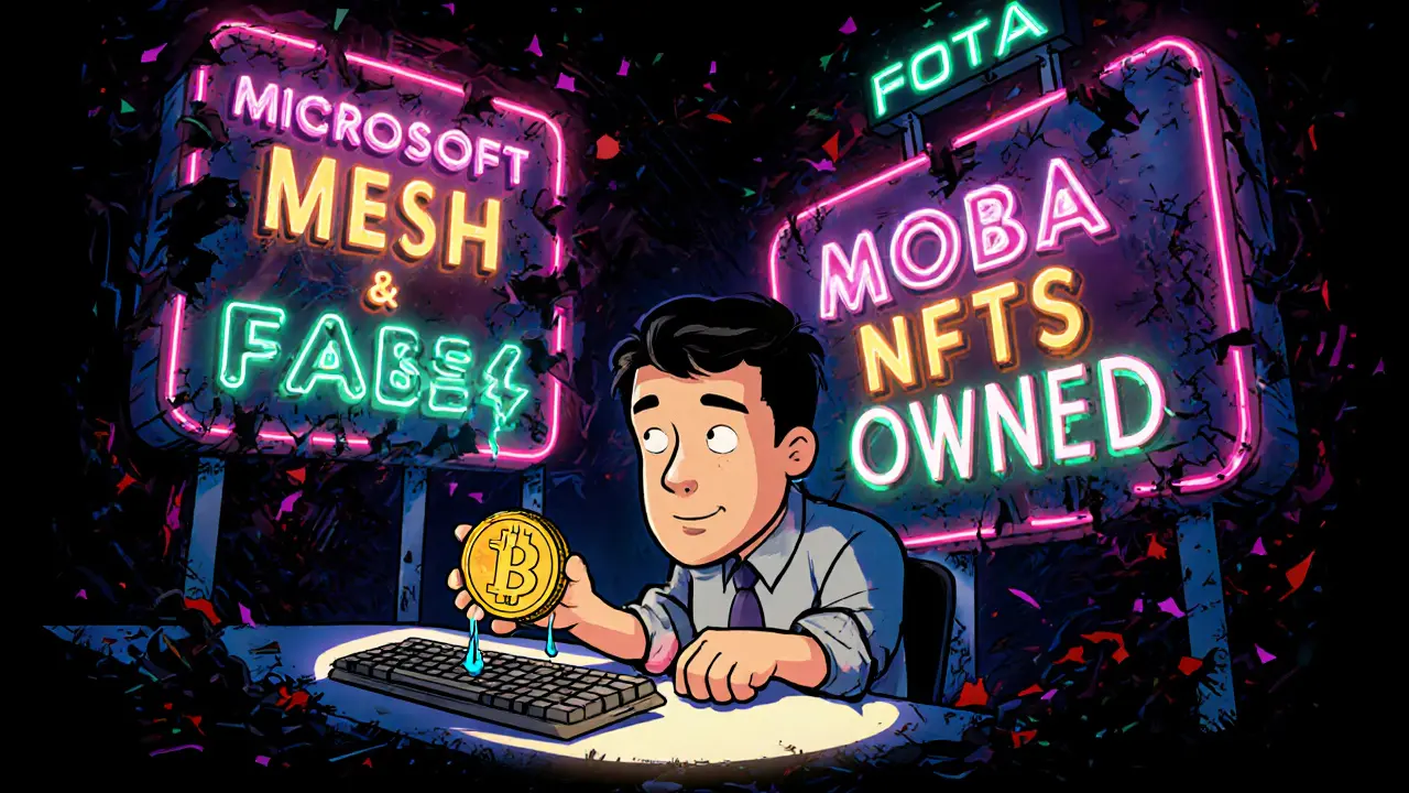 Investisseur seul tenant un jeton FOTA, entouré de promesses brisées en néon, style cartoon.