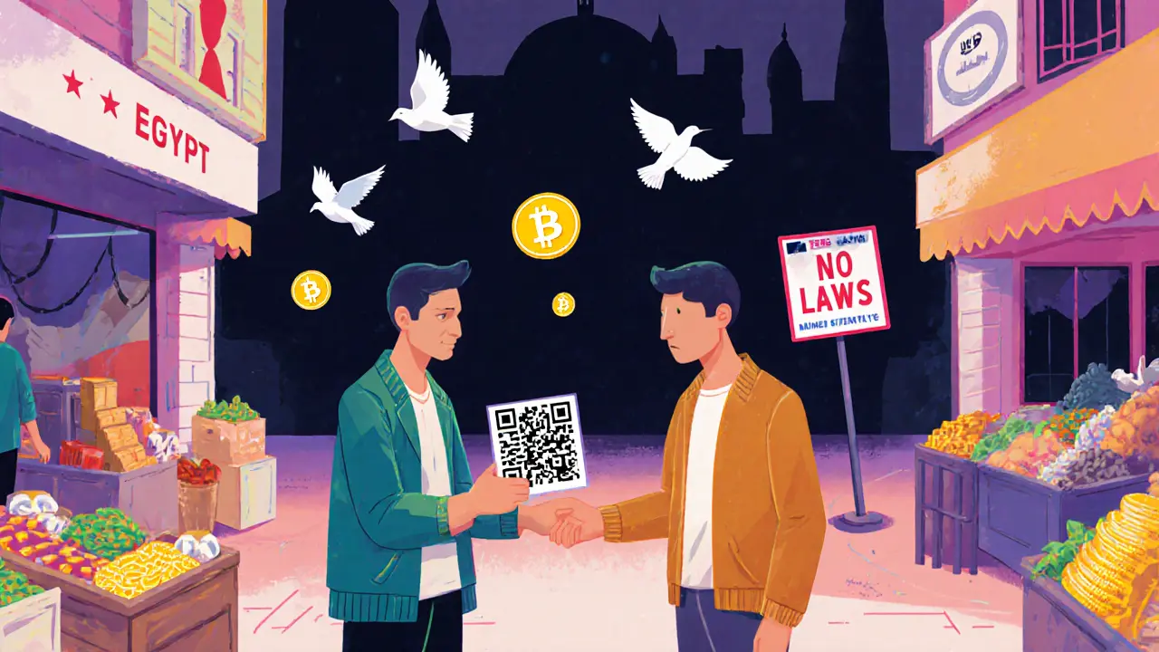 Marchand syrien échangeant des crypto-monnaies avec un client étranger, sous un bâtiment réglementaire vide.