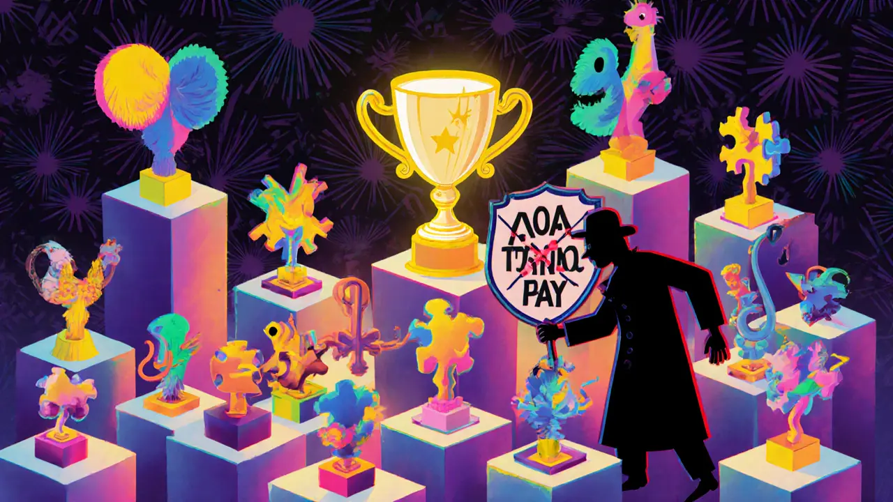 Salle de trophées avec 223 NFTs abstraits, un seul brillant, un voleur bloqué par un signe &#039;Ne payez pas&#039;