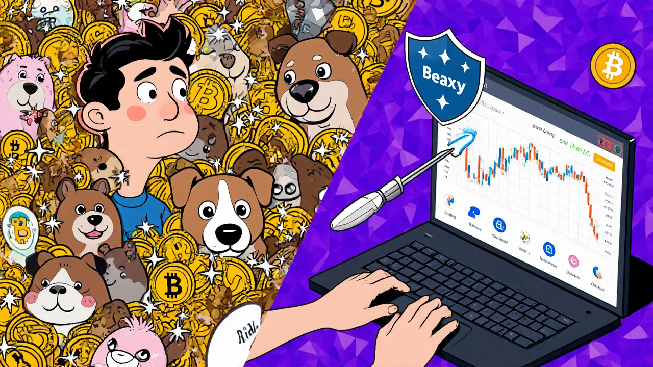 Scène comparant un débutant submergé par des memecoins et un trader professionnel sur Beaxy.