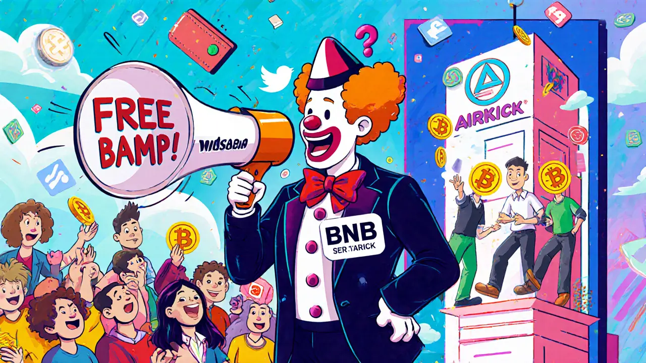 Style Memphis : un escroc en costume de clown propose un airdrop faux tandis que des utilisateurs tombent dans un piège.