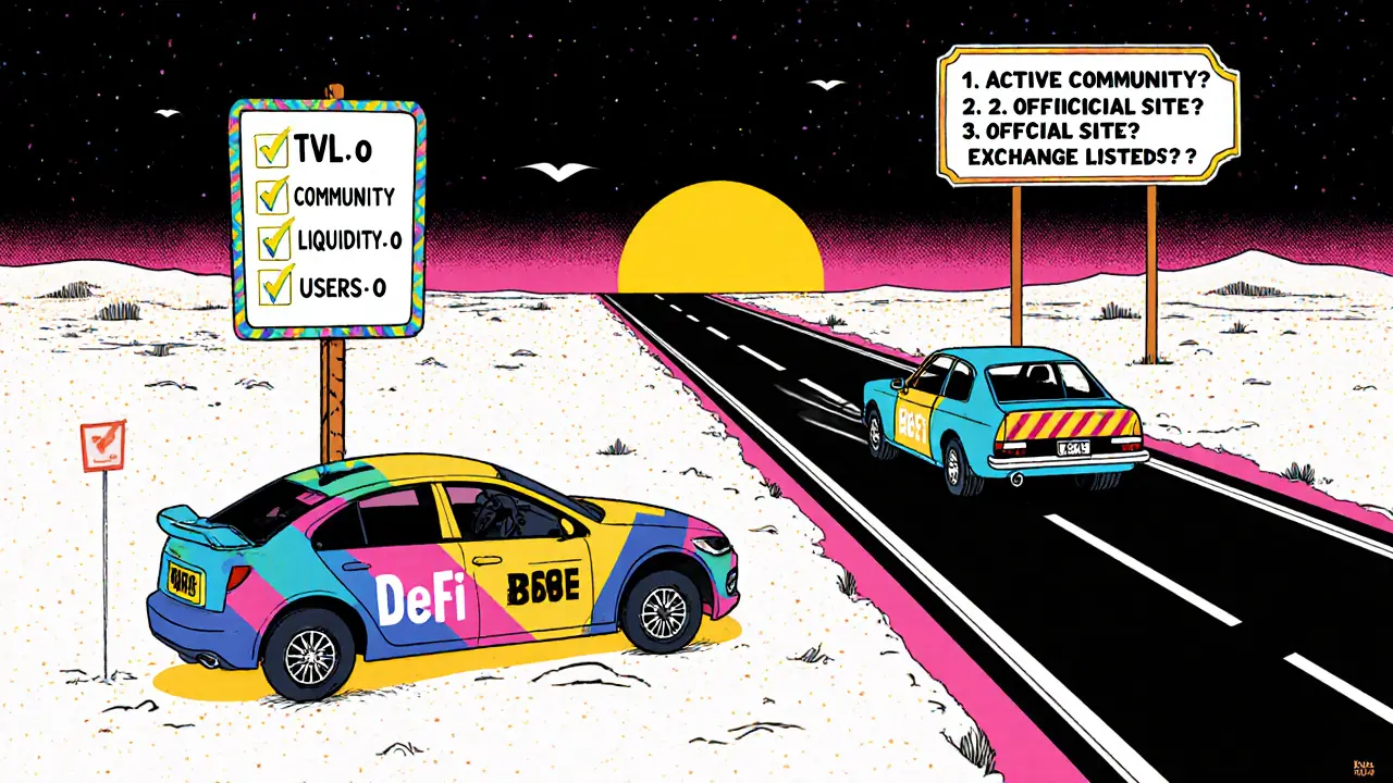 Style Memphis : une voiture BSC AMP sans roues repose dans un désert blockchain, entourée de signaux d&#039;alerte.