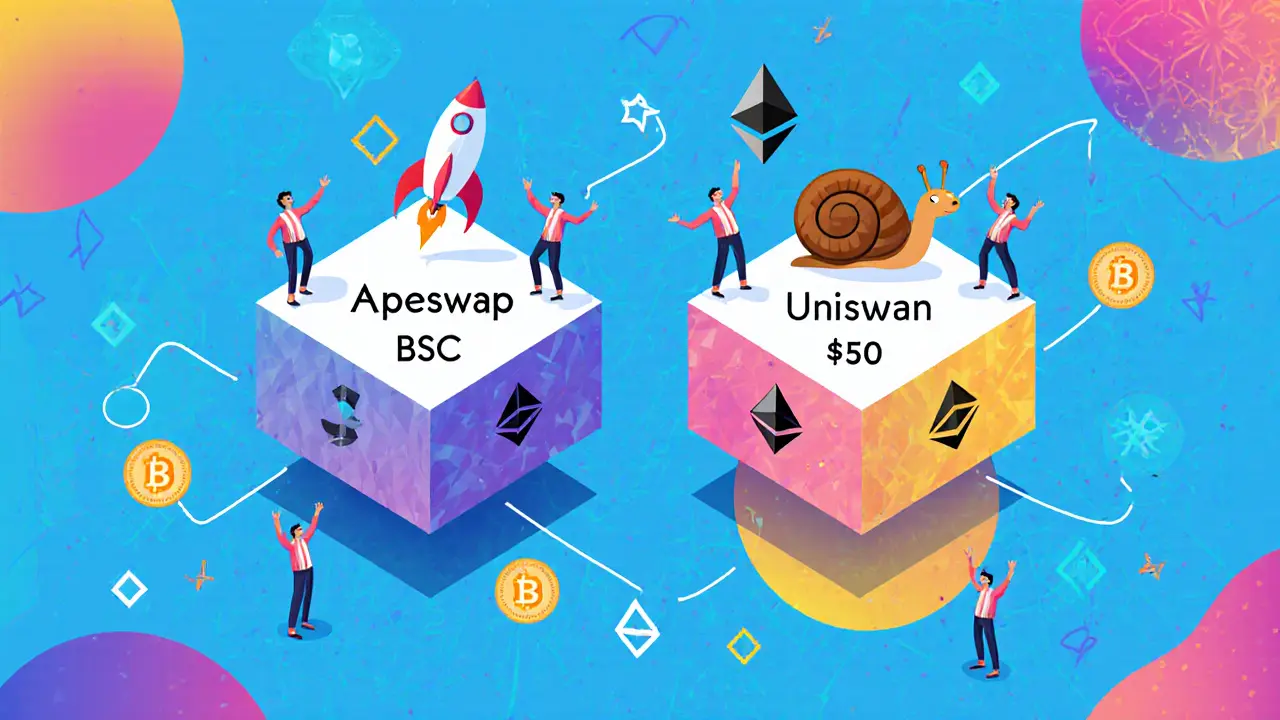 Tableau comparatif stylisé : Apeswap rapide et bon marché contre Uniswap lent et cher.