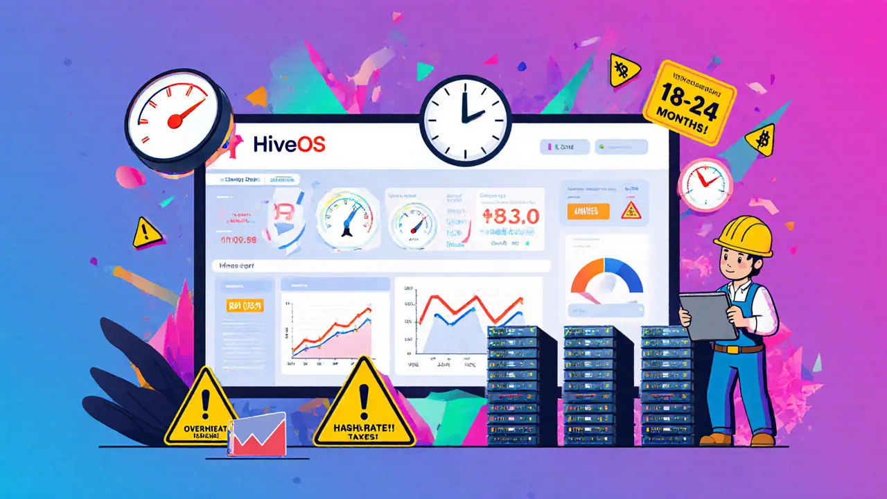 Tableau de bord de minage avec des indicateurs de température et de prix Bitcoin, supervisé par un mineur stylisé.