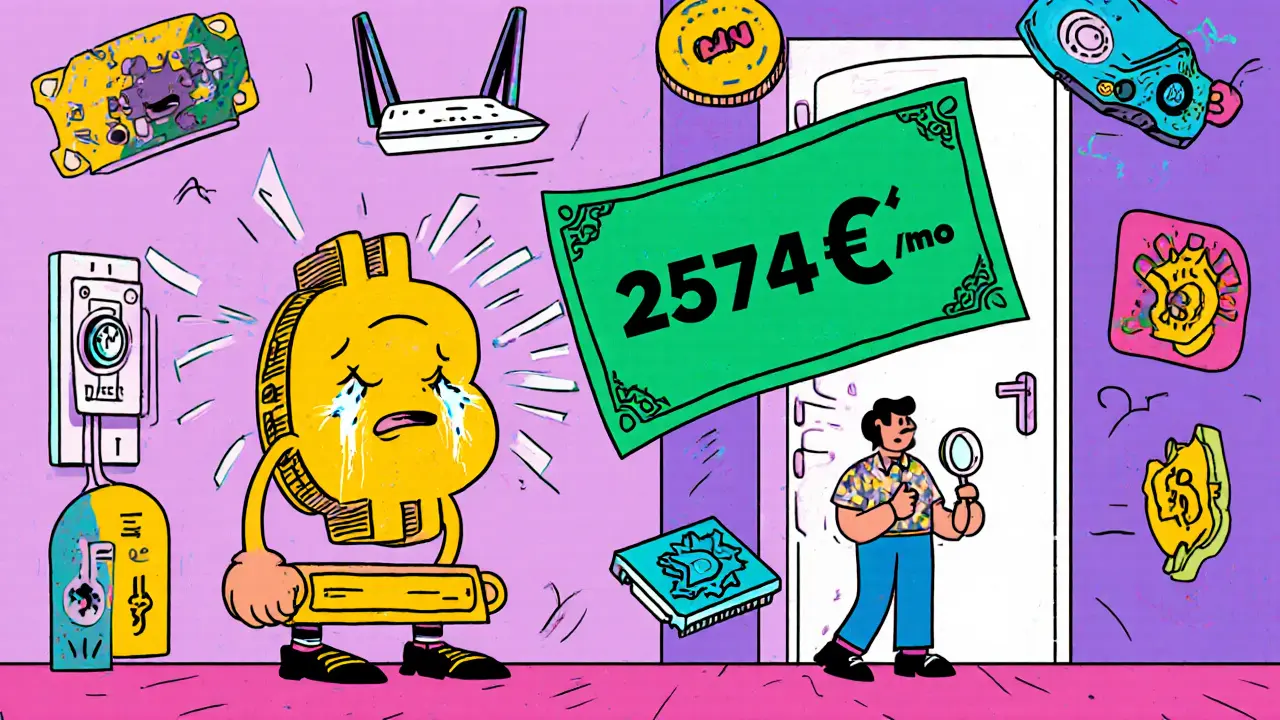 Un ASIC miner dans un appartement français, avec un voisin surpris et une facture d&#039;électricité géante.