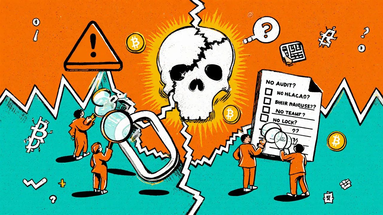 Chaîne de blocs fissurée avec des portes dérobées cachées, entourée d&#039;investisseurs vérifiant des signaux d&#039;alerte, style Memphis audacieux et coloré.