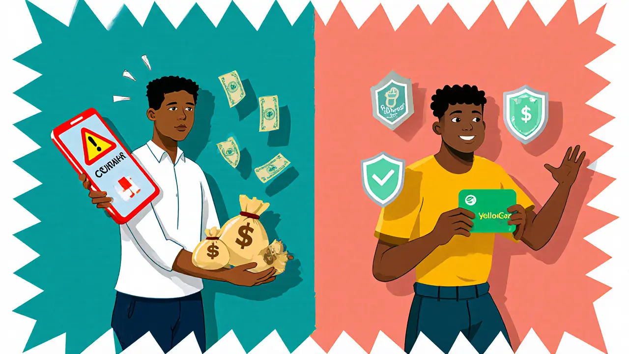 Comparaison entre une escroquerie crypto et un retrait sécurisé, illustrée en style Memphis avec symboles colorés.