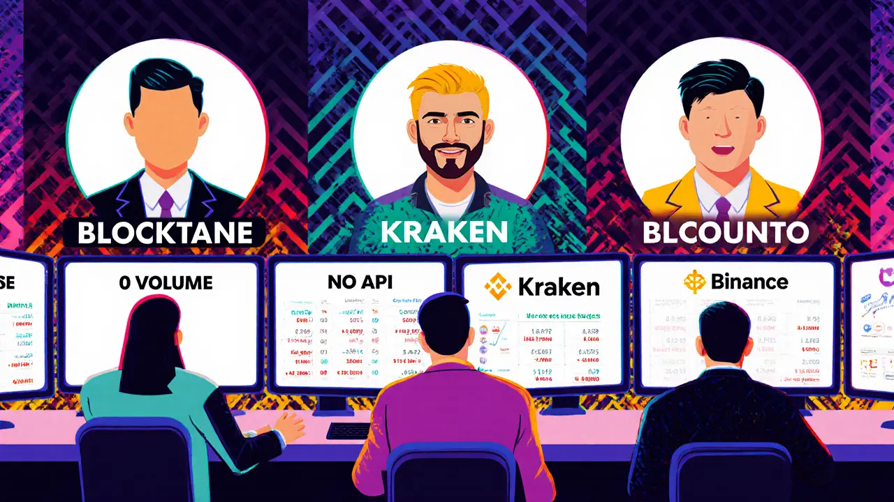Des traders regardent des écrans vides étiquetés &#039;Blocktane&#039; tandis que d&#039;autres échanges affichent des données en temps réel.