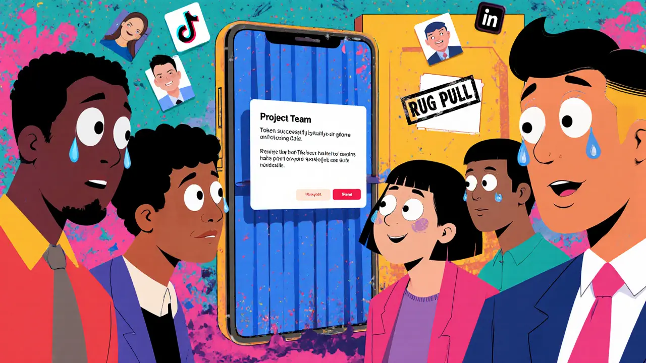 Investisseurs stupéfaits regardant un écran de crypto alors qu&#039;une porte se ferme derrière eux, style Memphis avec motifs vifs et contrastés.