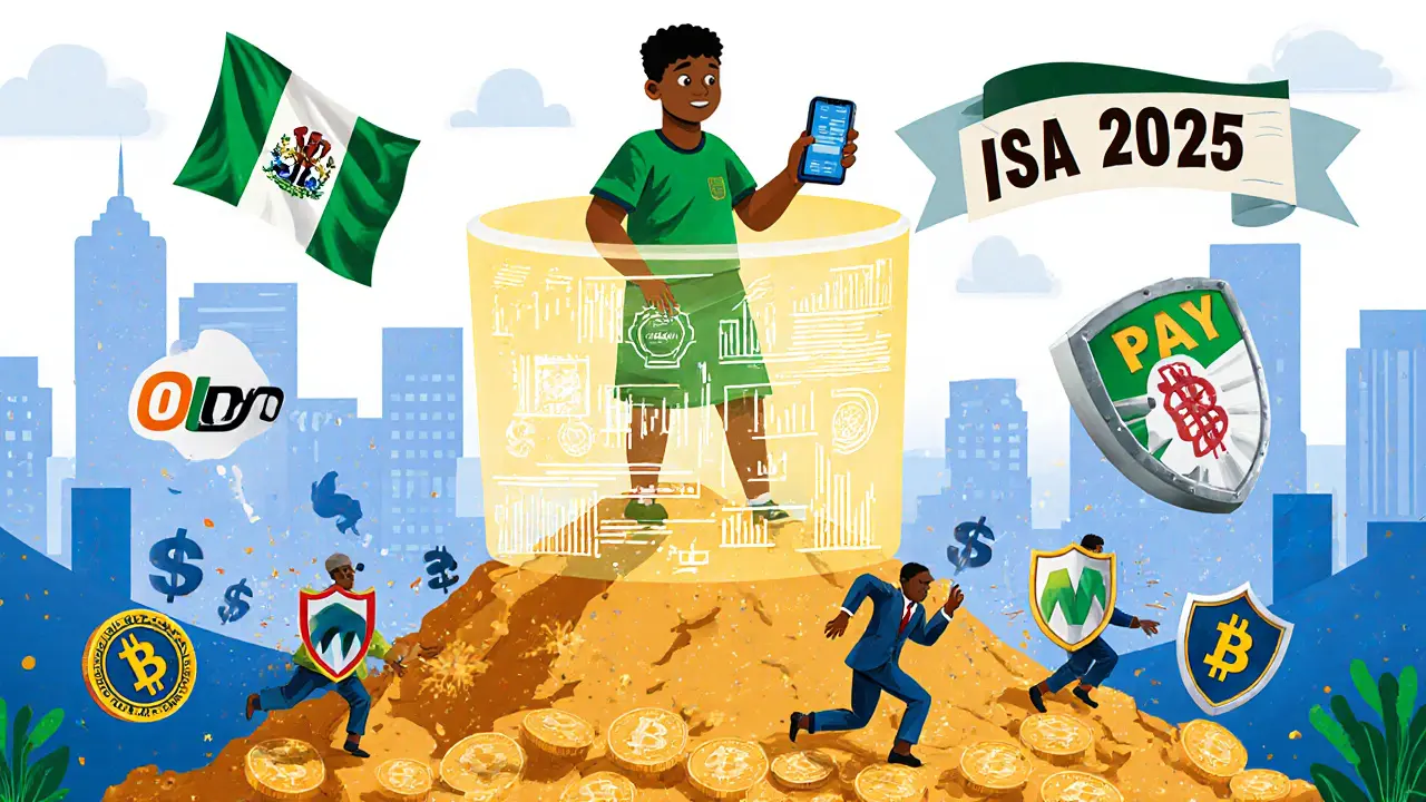 Une personne sur un monticule de crypto avec EasyEquities projetant des actions, tandis que des escrocs fuient sous des boucliers SEC.