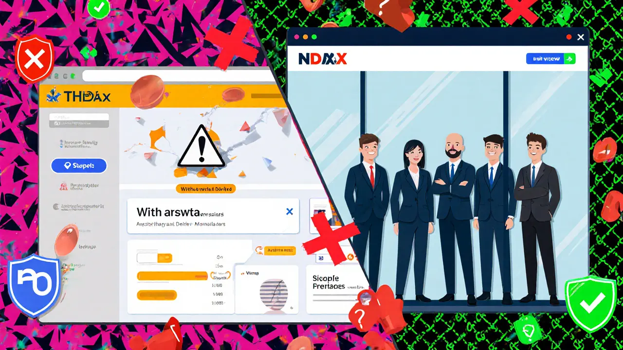 Comparaison entre THDax (piège) et NDAX (légitime) en style Memphis, avec symboles de sécurité et d&#039;avertissement.