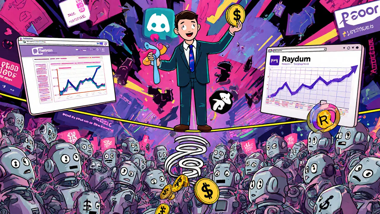 Investisseur sur une corde raide entre deux échanges, entouré de bots créant un volume artificiel.