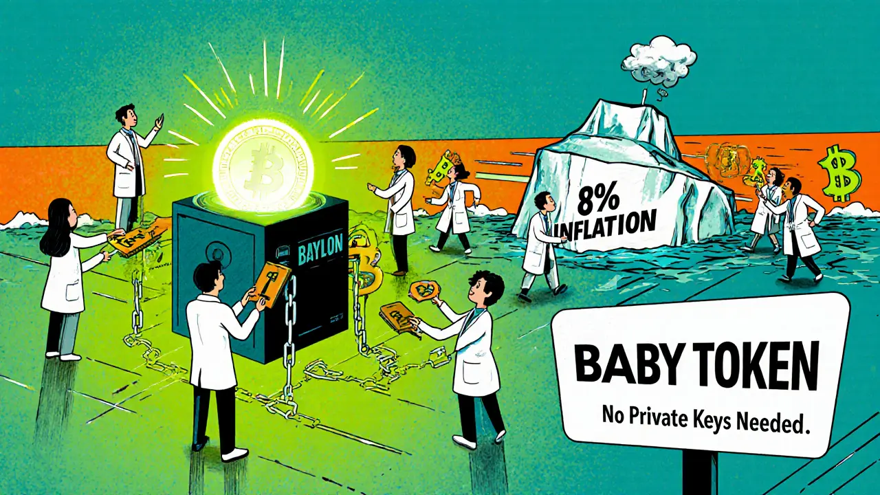 Nœud Babylon sécurisé par des chaînes Bitcoin, avec des développeurs et une foule fuyant une iceberg d&#039;inflation de 8 %, style Memphis coloré.