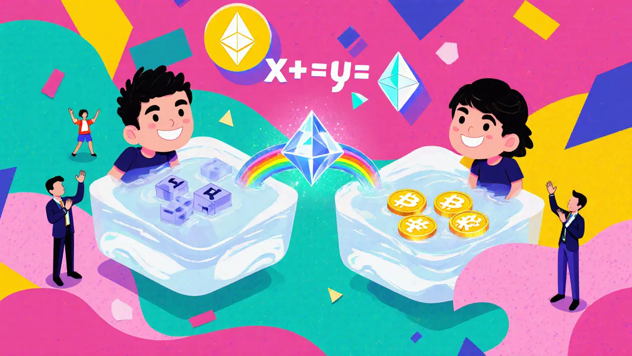 Piscine de liquidité avec des formes géométriques d&#039;ETH et DAI connectées par une équation lumineuse.