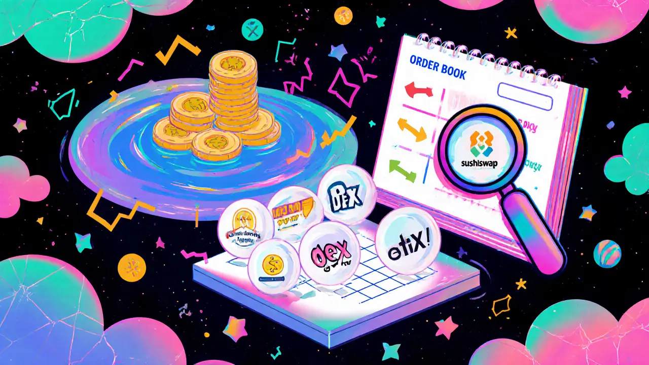 Trois types de DEX représentés comme des motifs géométriques flottants dans un espace coloré.