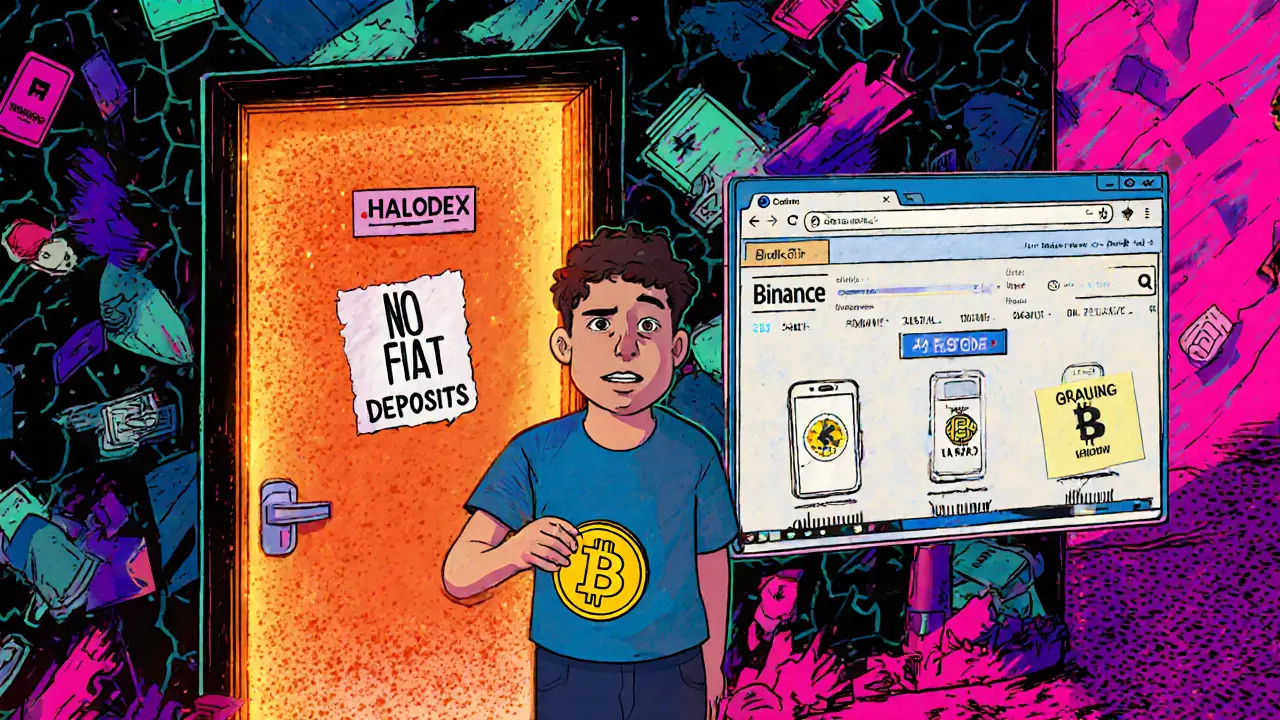 Un débutant bloqué devant une porte &#039;Pas de dépôts fiat&#039;, tandis que d&#039;autres échanges brillent à distance.