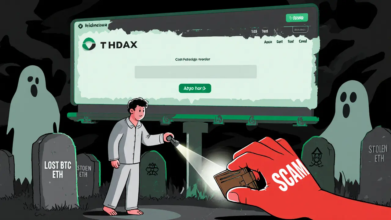 Un site THDax fantôme flotte dans un cimetière numérique, avec des pierres tombales marquant les pertes des utilisateurs.