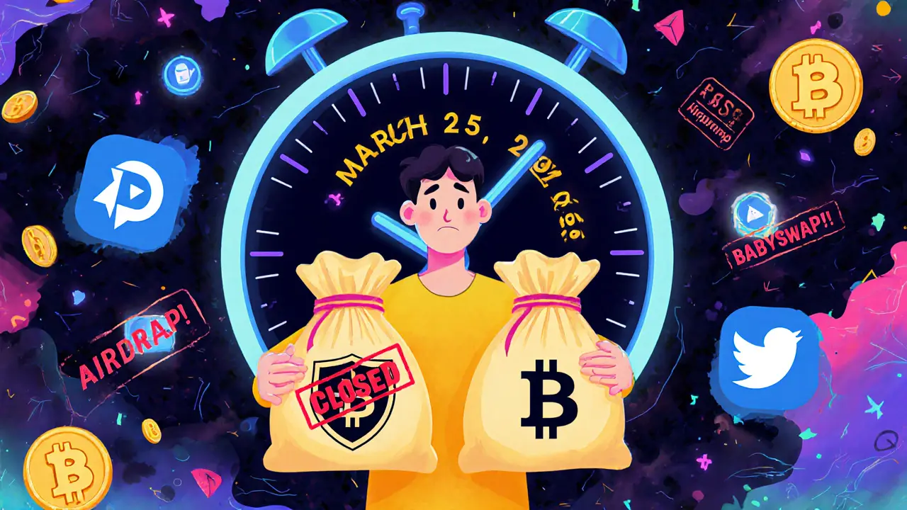 Utilisateur confus tenant deux sacs de jetons BABY, l&#039;un sécurisé par Bitcoin, l&#039;autre lié à BSC, devant une horloge marquée &#039;Fermé&#039;.