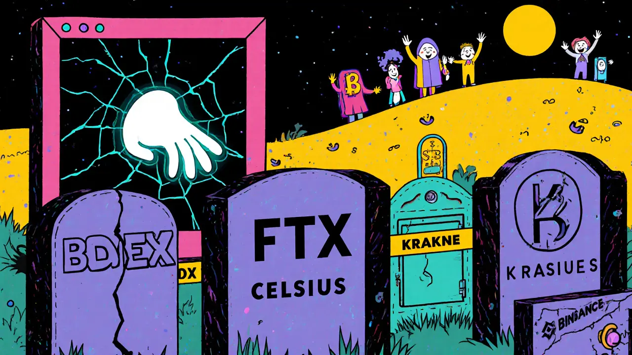 Cimetière des échanges crypto morts avec BHEX en premier plan, en style Memphis vif et satirique.