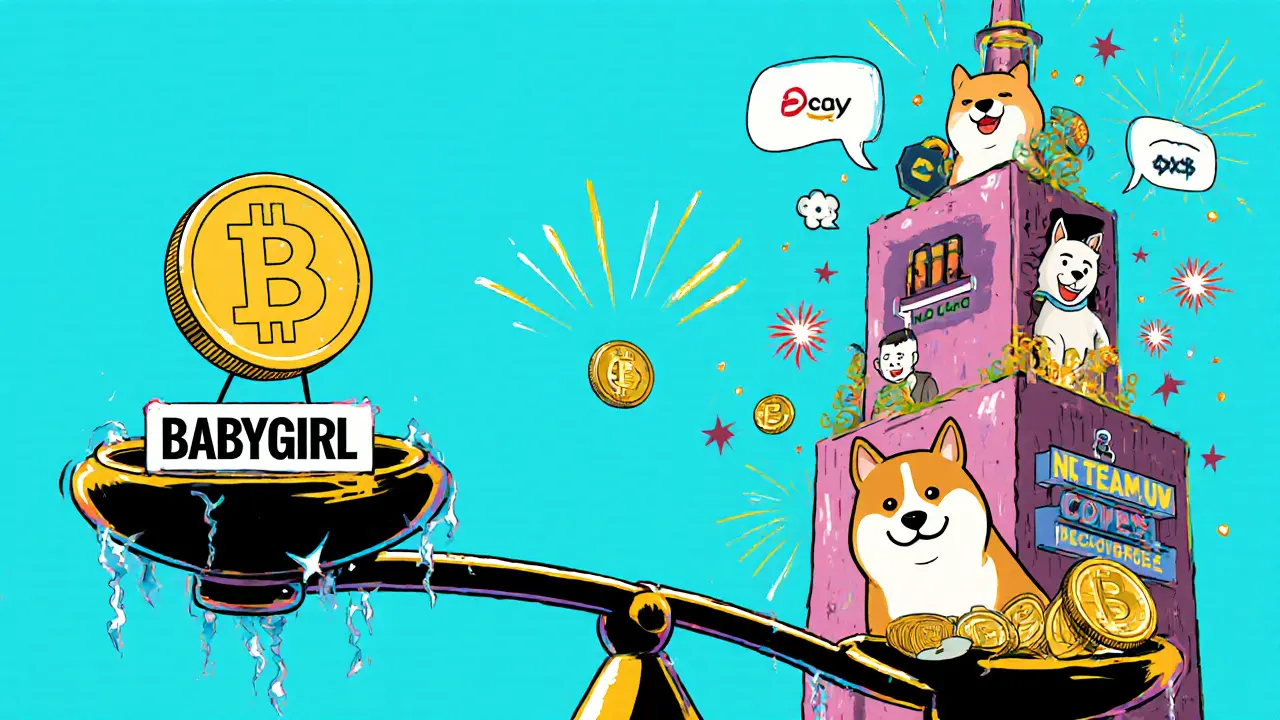 Comparaison visuelle entre le jeton Babygirl isolé et les grandes cryptos avec des équipes actives en style Memphis.
