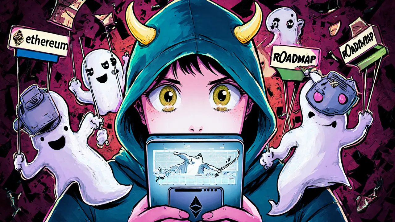 Investisseur regardant un écran de prix qui oscille follement, entouré de portefeuilles fantômes qui le manipulent.