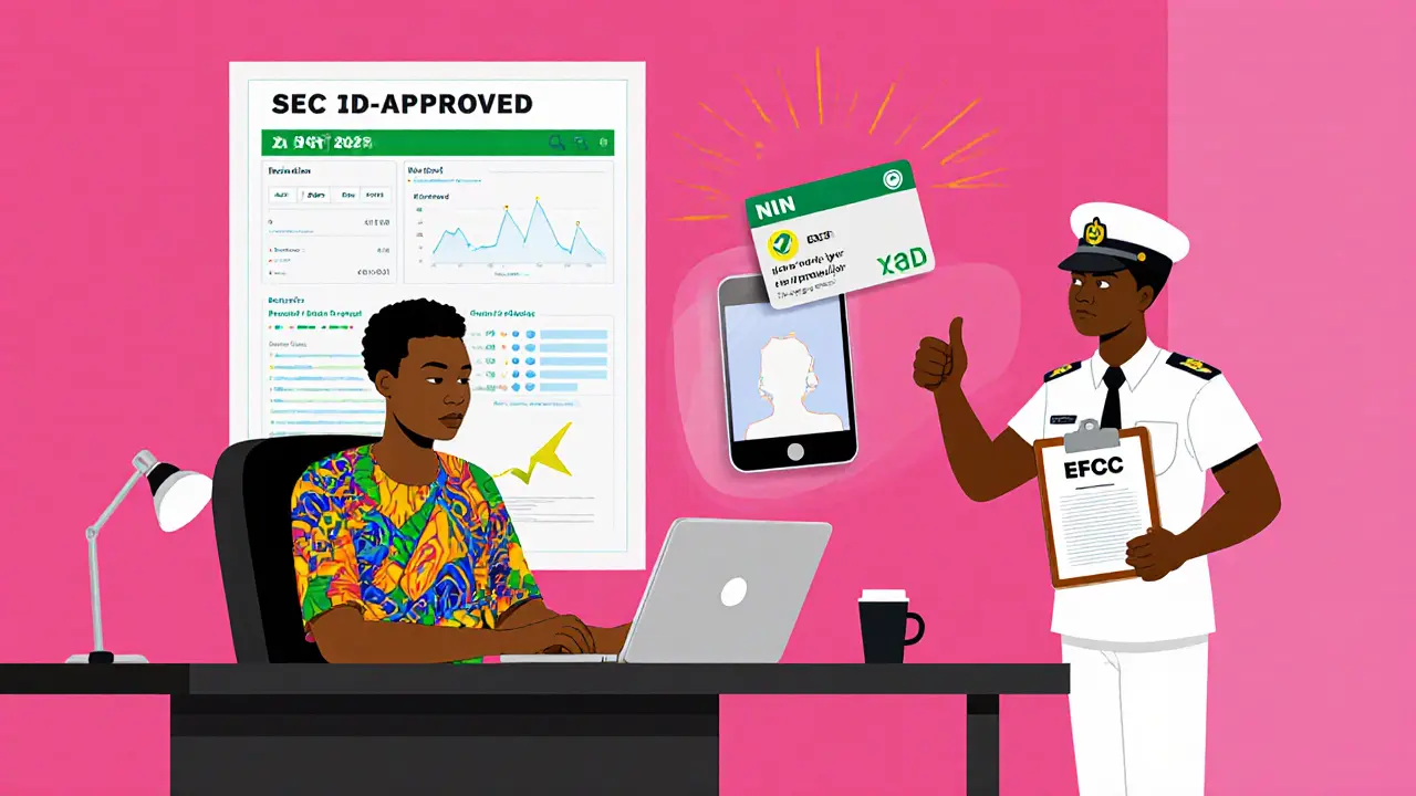 Personne utilisant une plateforme crypto réglementée au Nigeria, avec identité NIN et tableau de bord SEC.