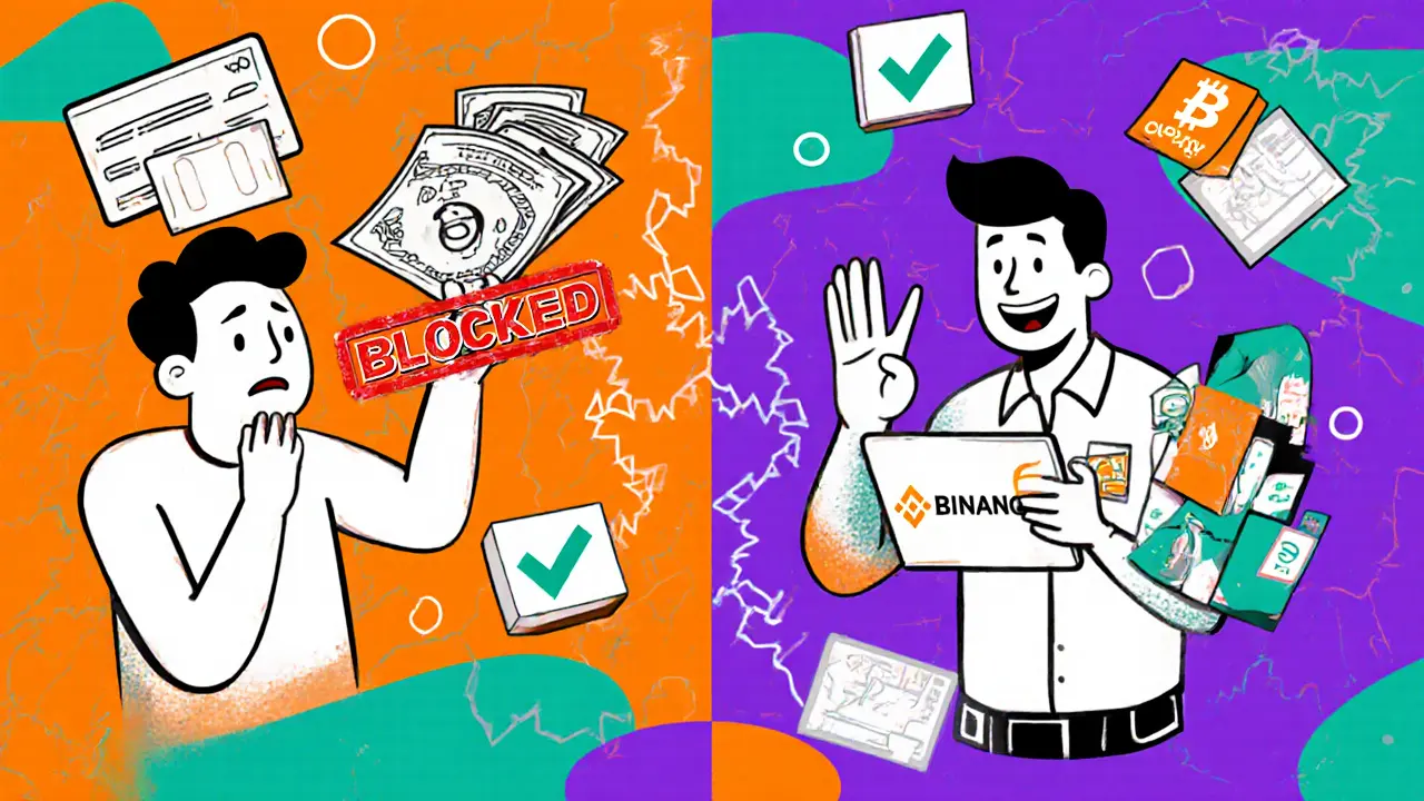 Scène comparant un paiement bancaire bloqué et un paiement OPay réussi pour acheter des cryptos.