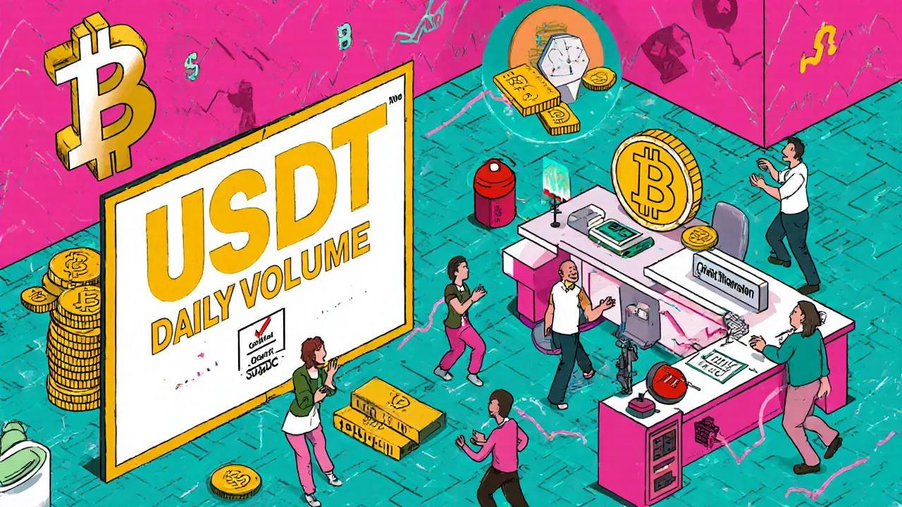 Scène de bourse crypto avec USDT en pleine activité, USDC en zone régulée et DAI dans un laboratoire DeFi.