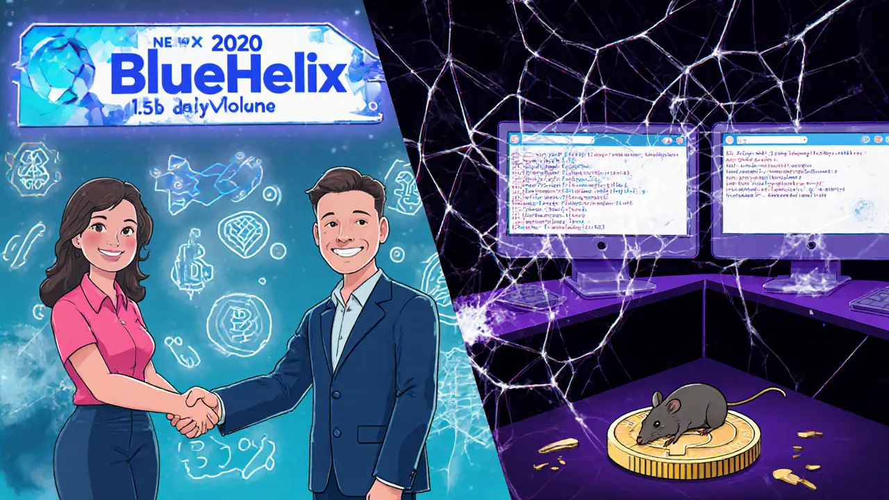 Scène divisée : BHEX prospère en 2020 vs. abandonné en 2025, en style géométrique coloré.