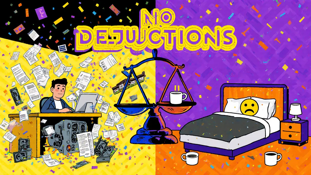 Scène divisée : mineur professionnel avec des factures vs mineur amateur dans sa chambre, avec des balances de déductions.