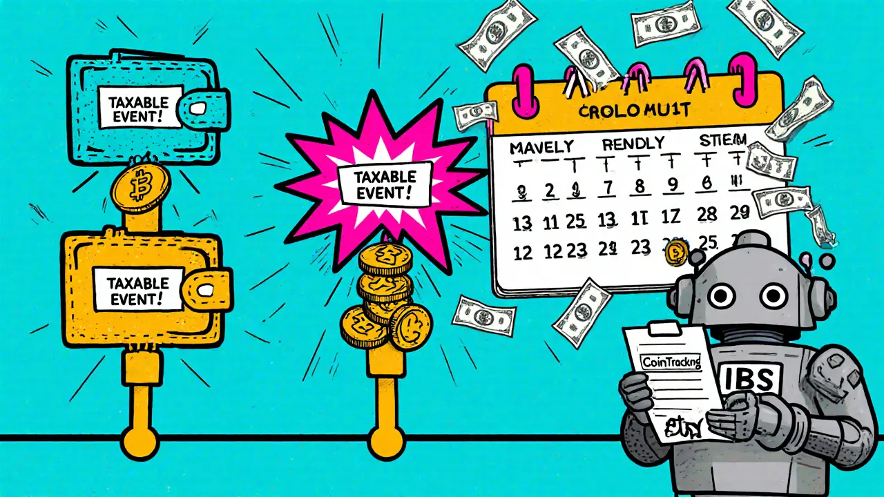 Trois portefeuilles crypto échangeant des pièces, chaque transfert déclenche une explosion &#039;Événement imposable&#039; et un calendrier de paiements trimestriels.