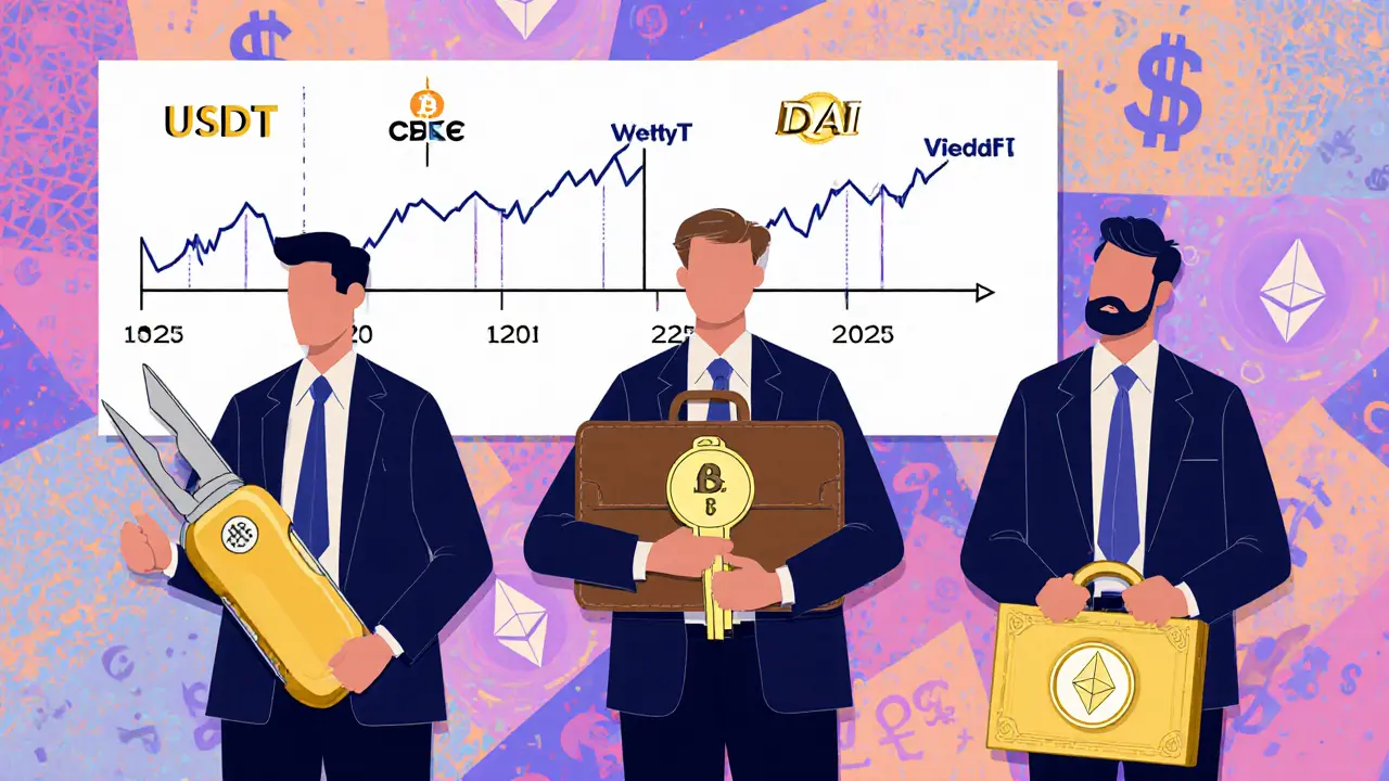 Trois professionnels utilisant USDT, USDC et DAI comme outils différents dans un décor blockchain stylisé.