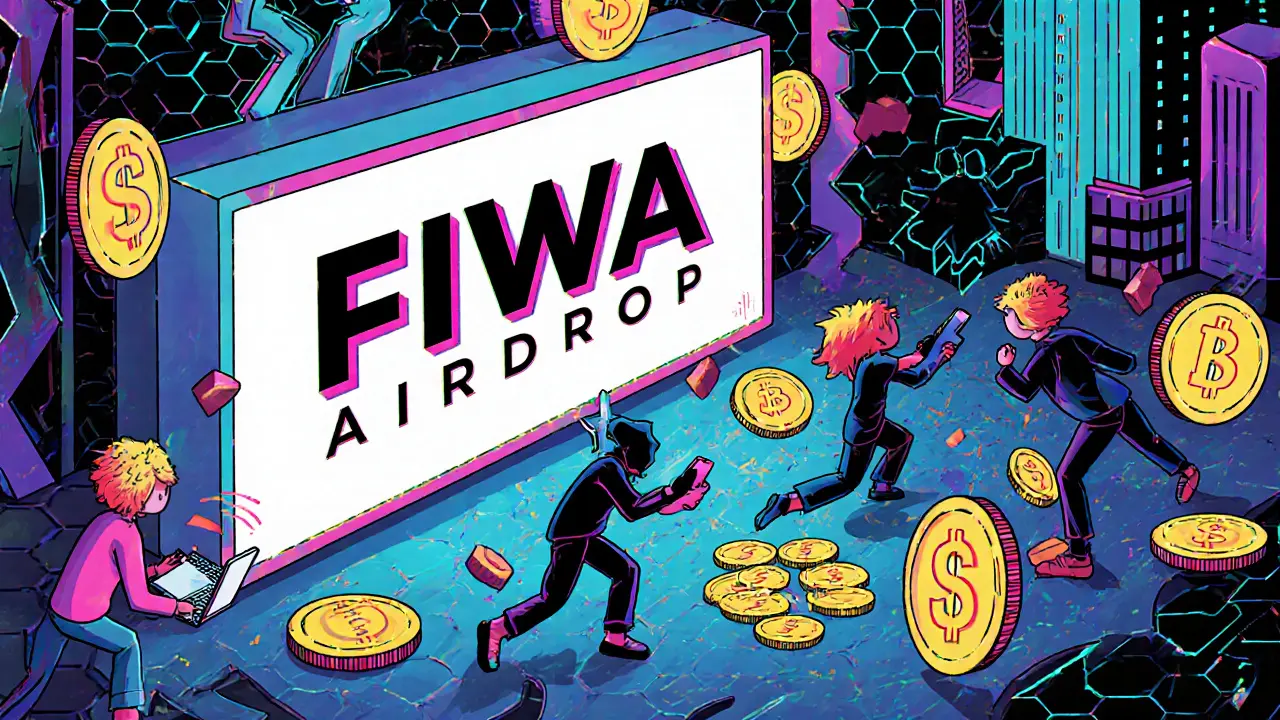 Affiche &#039;FIWA AIRDROP&#039; avec des utilisateurs et des escrocs en style Memphis, couleurs vives.