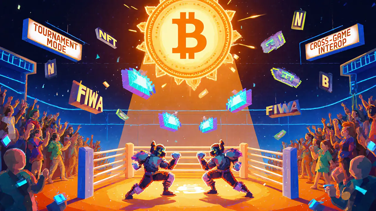 Arène de combat NFT avec des guerriers et des éléments de la roadmap DeFi Warrior en arrière-plan.