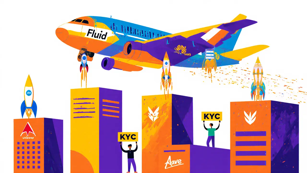 Avion Fluid v2 survolant des bâtiments Aave et Uniswap, avec des actifs tokenisés et des marchés sans autorisation.