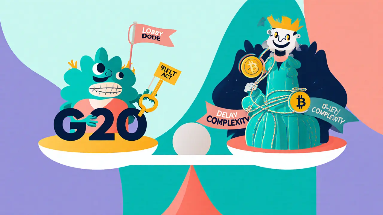 Balance entre un monstre bureaucratique et une petite nation avec une clé crypto, style illustration Memphis.