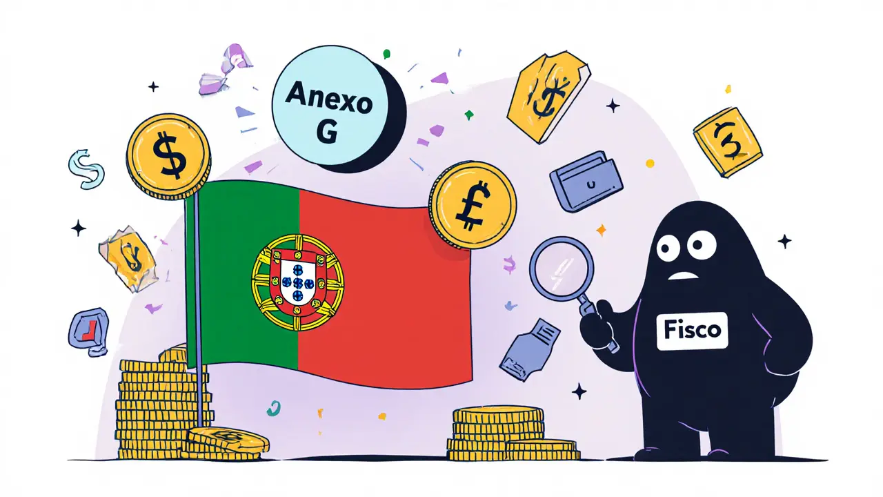 Bandeira de Portugal feita de moedas digitais, com formulário fiscal e ícones de staking ao redor.