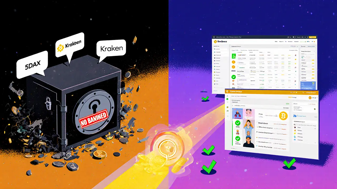 Contraste entre 5DAX dangereux et des échanges crypto fiables, illustré en style Memphis avec symboles de confiance.