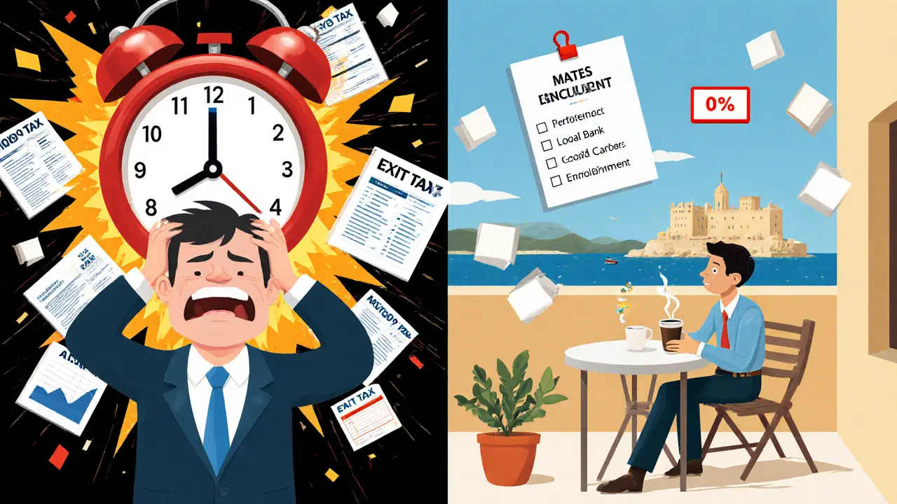 Deux versions d&#039;un trader : l&#039;une stressée avec des formulaires fiscaux, l&#039;autre calme à Malte avec un &#039;0%&#039; flottant.